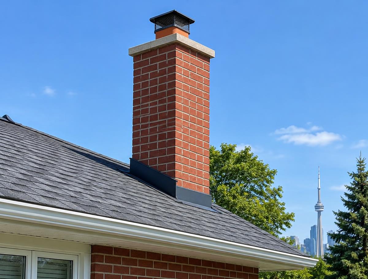Illustrative brick chimney with a cap on a house roof