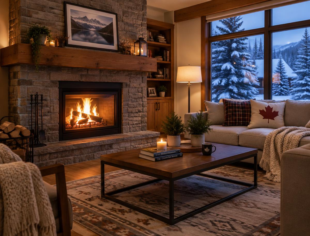 Illustrative cozy living room with a wood fireplace on a snowy evening