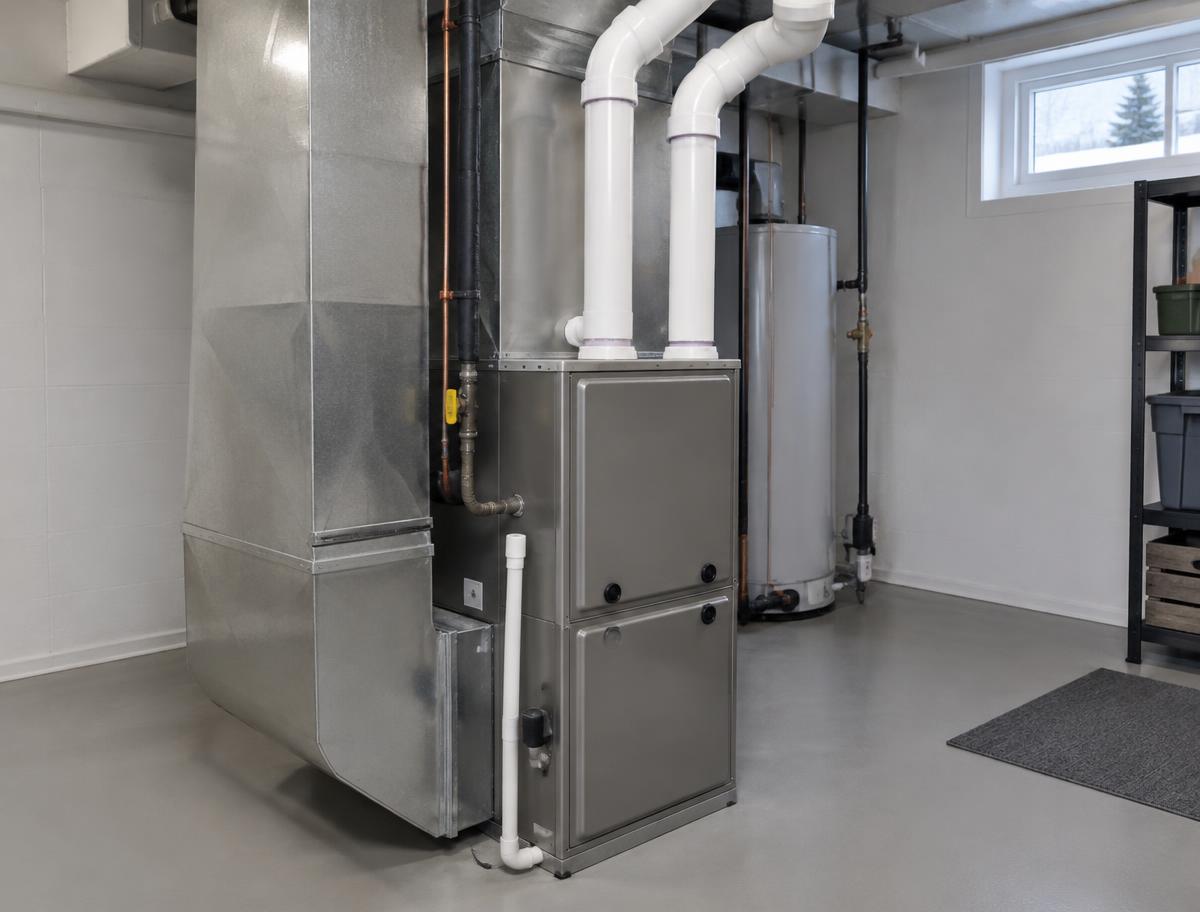 Illustrative high efficiency gas furnace with white venting in a basement utility room