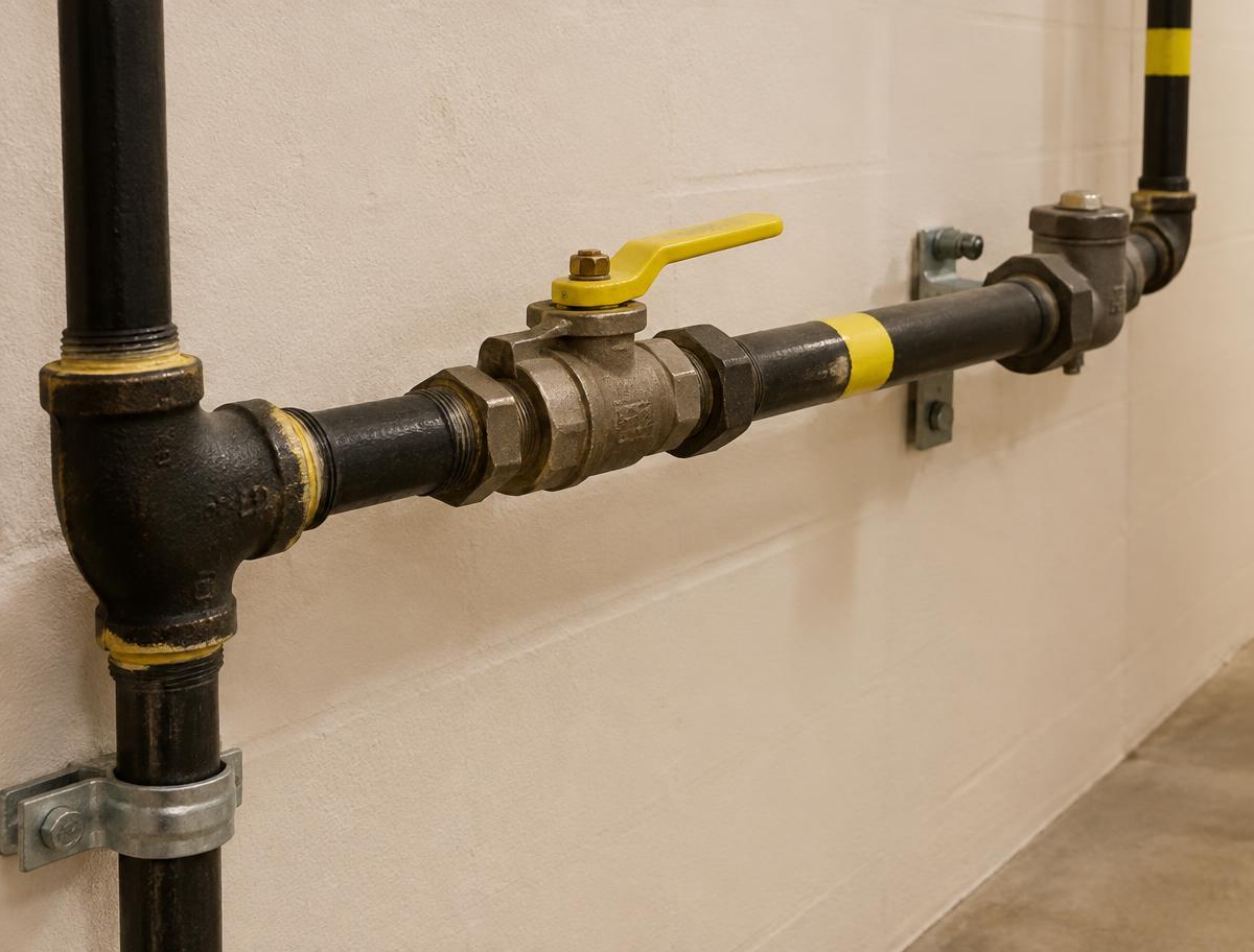 Illustrative black iron gas pipe with a yellow shut-off valve on a basement wall