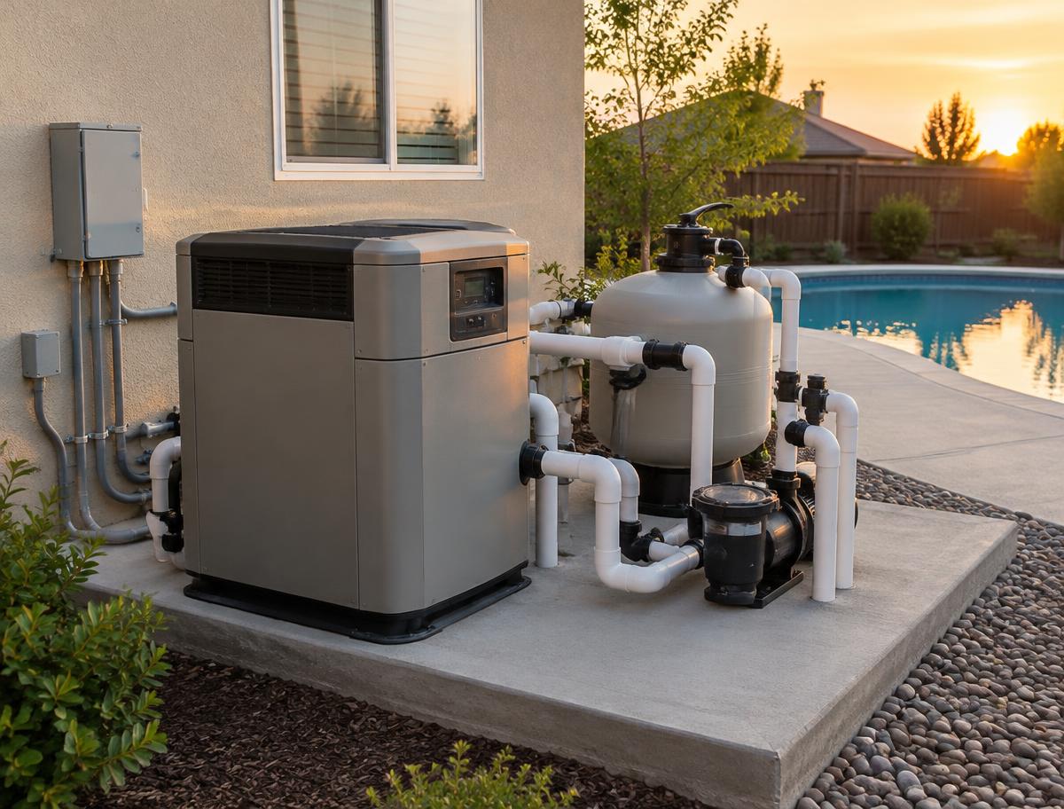Illustrative backyard pool equipment pad with a heater beside the pool