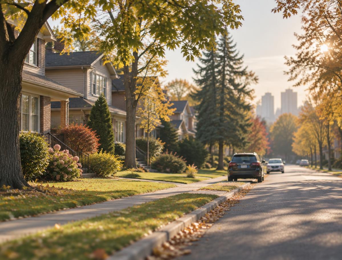 Illustrative autumn suburban street in Etobicoke with houses, lawns and mature trees